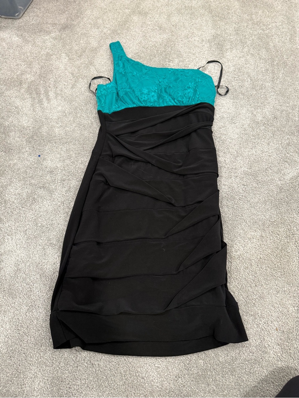 B Darlin One-Shoulder Teal and Black Cocktail Dress